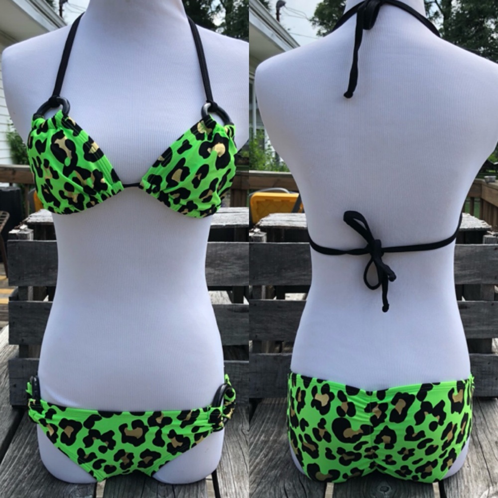 Green Gold Cheetah Print Ruched Bikini SZ S! NEW!